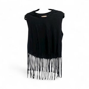 Black Cotton Fringe Sleeveless Top-Size Medium
